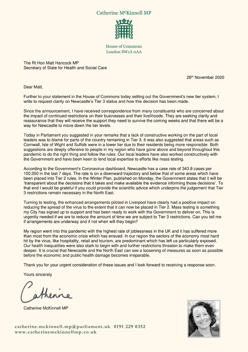 People in Newcastle & the North East have made huge sacrifices during the #Covid19 pandemic. Coming out of this second lockdown our case rate is falling. We need reassurance Tier 3 will be extremely short term & plan for mass testing. I've written to @MattHancock for answers.