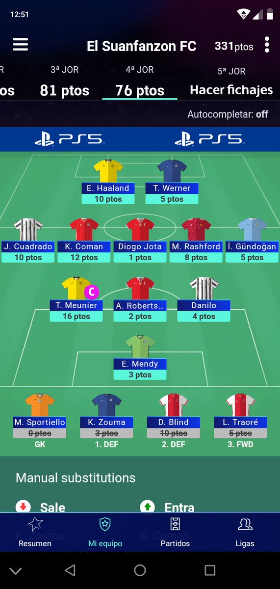 Y en la 4ta jornada este fue mi equipo con el que conseguí 76 puntos a pesar de la mala decisión de sacrificar en la banca a 2 jugadores del Ajax por 2 de liverpool que parecían más prometedores, pero que Klopp no saco de titulares #UCLfantasy https://t.co/uWB0RumvtT