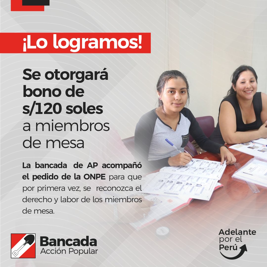 ApBancada's tweet photo. ¡Por un mejor servicio a la ciudadanía! 🇵🇪

La ONPE recibirá s/ 177 millones para los comicios generales, de los cuales, S/ 35 millones será para abonar a los miembros de mesa S/ 120 por su día trabajado. Saludamos esta gestión, que acompañamos como bancada en beneficio del Perú. https://t.co/iaM0cAFAA6