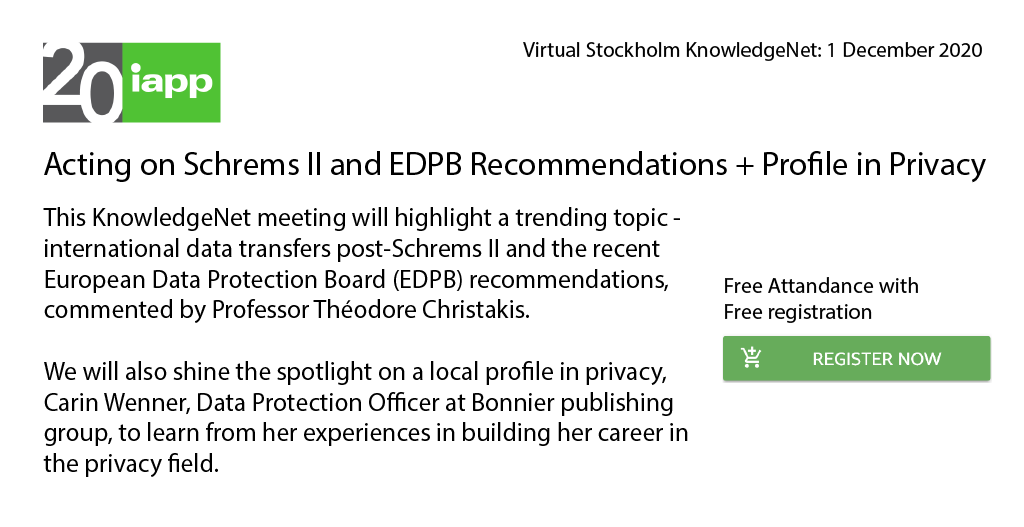sharpcookieadv's tweet photo. #Invitation #Webinar - Join @privacypros on Dec 1 16:30
Prof. Theodore CHRISTAKIS @TC_IntLaw on Post #Schrems2 and #EDPB recommendations
&amp; Bonnier #DPO Carin WENNER - Profile in Privacy  

#IAPP #KnowledgeNet Register: https://t.co/KAN8grnJL5 https://t.co/iubYSUlmqC