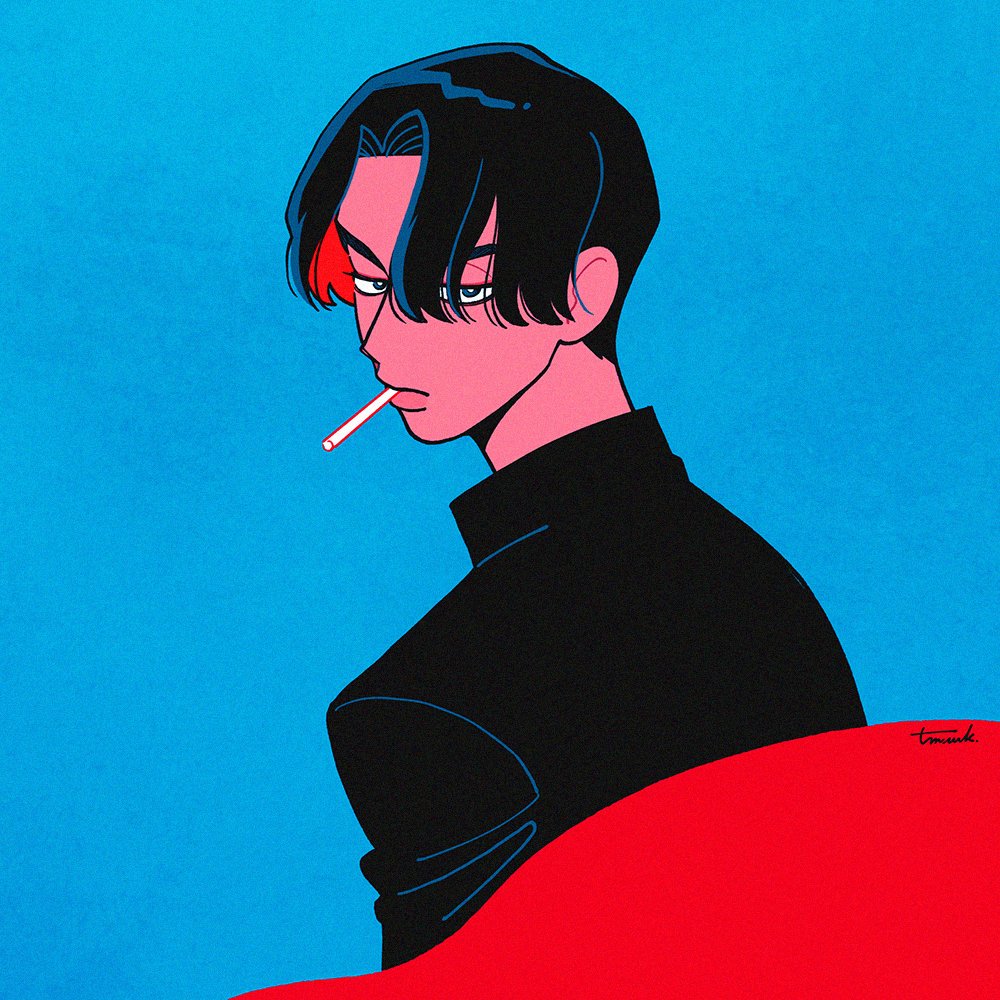 1boy male focus solo black hair blue background cigarette simple background  illustration images