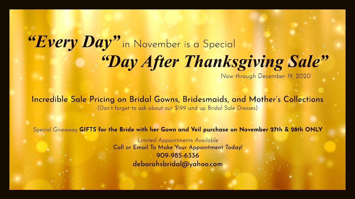 Happy Thanksgiving 🍁 from Deborah’s Bridal 👰 come see us tomorrow and show off that new 💍
909-985-6336 deborahsbridal.com

#deborahsbridal #wedding #bride #bridal #weddingdress #weddinggown #weddinginspiration #bridalsale #weddingdresssale #november #thanksgiving #love