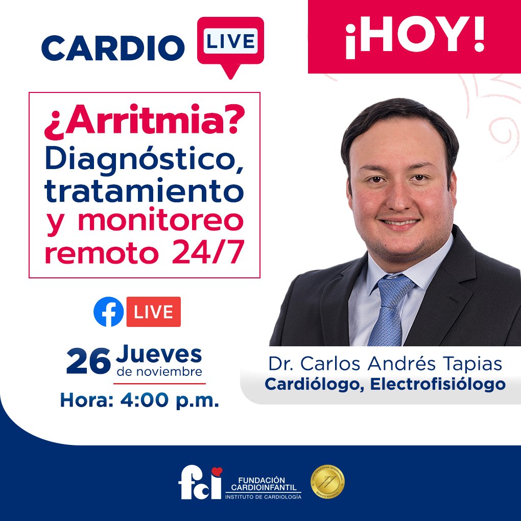 fcardioinfantil's tweet photo. Recuerda conectarte a nuestro #CardioLive: https://t.co/phJhp1P2BZ, para entender mejor qué son las #arritmias, sus diagnósticos, tratamientos y en qué consiste el nuevo programa de monitoreo remoto 24/7, con el Dr. Carlos Tapias, Cardiólogo y Electrofisiólogo de La Cardio. https://t.co/Z5aCo7nA08