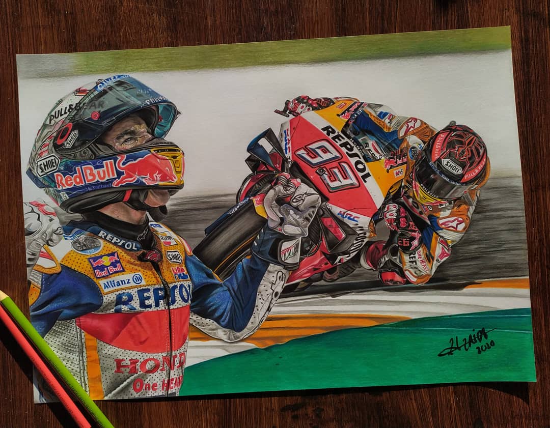 zaidasphyxiated's tweet photo. BOOM💥 ¿Quién echa de menos a Marc Márquez? Dibujo original tamaño A3 hecho con lápices de colores. Subasta del original aquí 👉 https://t.co/zLtNTiAwSX Reproducciones disponibles! Pídela por privado o a zaidafernandezart@gmail.com Siempre agradezco que compartáis mi trabajo😄 https://t.co/5ZlS4Fs9g5