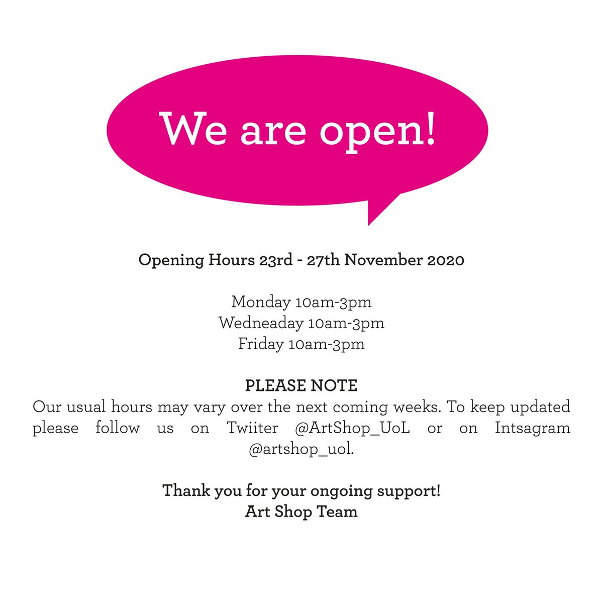 *OPENING HOURS*
23rd - 27th November

Mon 10am-3pm
Weds 10am-3pm
Fri 10am-3pm