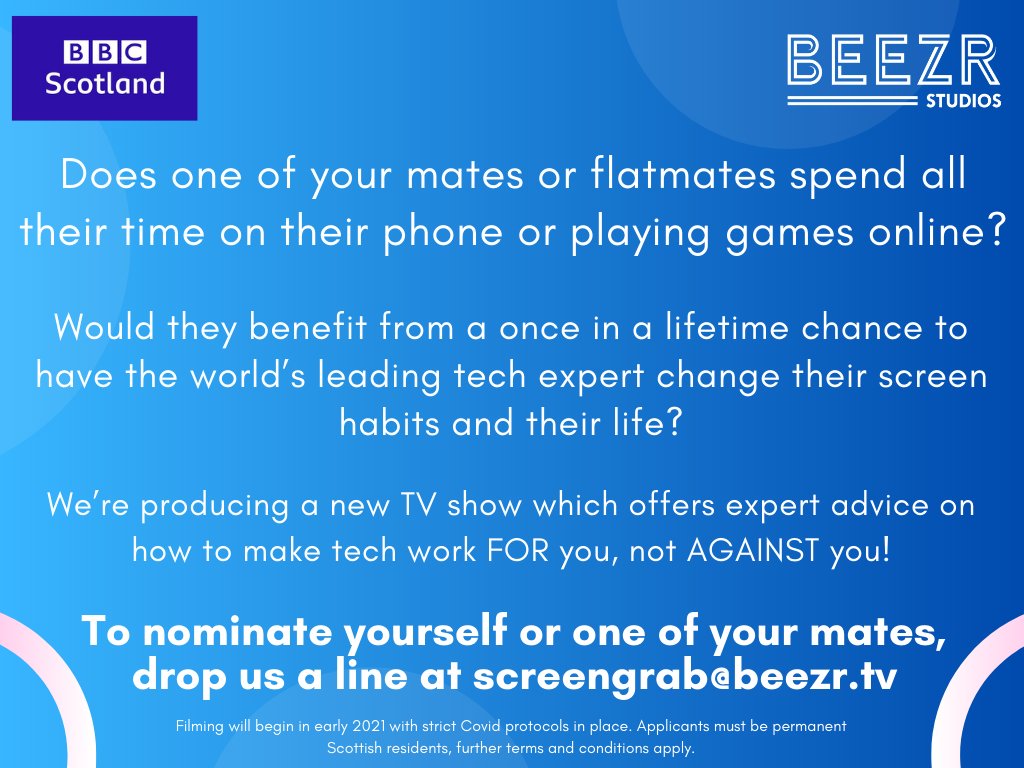 <a href="/KimUKCasting/">Kim TV Casting</a> Hi Kim, please RT. We're looking for Scottish families/flatmates to take part in a new series for BBC Scotland. Drop us a line on screengrab@beezr.tv Thanks!