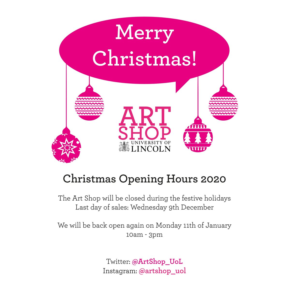 *CHRISTMAS CLOSURE*

Please note that our last day of sales will be Wednesday 9th December 2020!

Merry Christmas from the Art Shop Team 🎅🏻 🌲 🎁 ⛄️