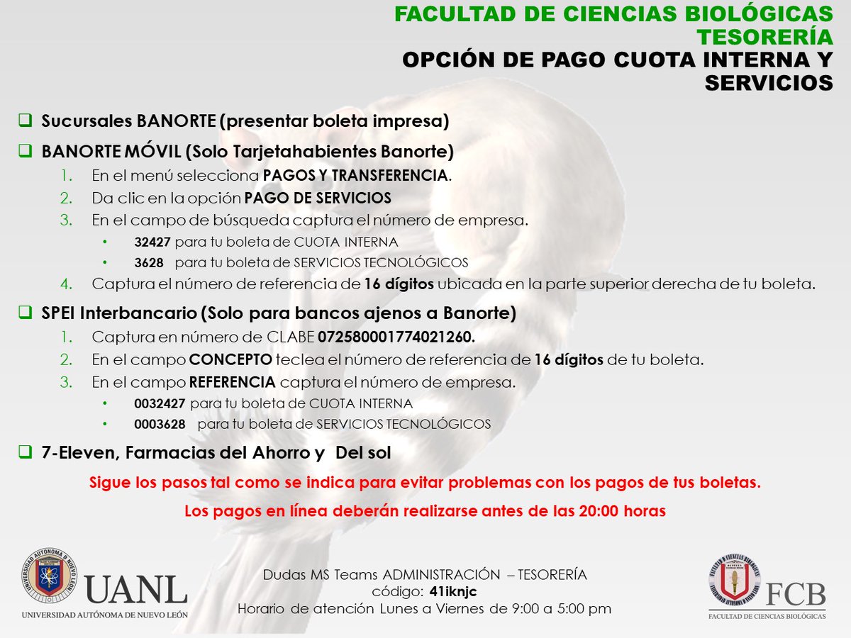 ⚠ Opción de Pago de Cuota Interna y Servicios para el Semestre Feb-Jun 21⚠ 

👉👉Ver  aviso: bit.ly/3mmUQNm

#BiologíaUANL