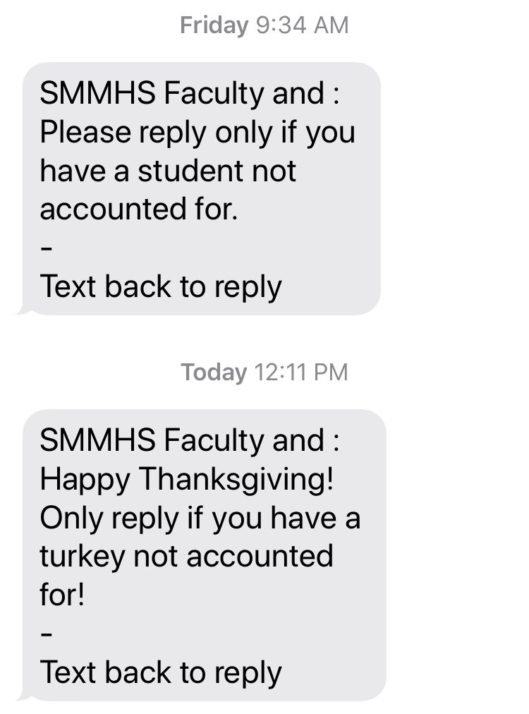 Funny Remind Msg from admin today. (We had a fire drill Fri.) Happy Thanksgiving #SMMHS family!