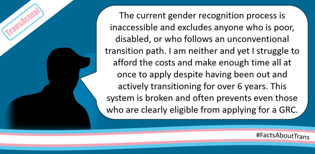 TransActualUK's tweet photo. “The current gender recognition process is inaccessible &amp; excludes anyone who is poor, disabled, or who follows an unconventional transition path. This system is broken and often prevents even those who are clearly eligible from applying for a GRC.”
#problemswiththegra https://t.co/SZaNZ6Iojz