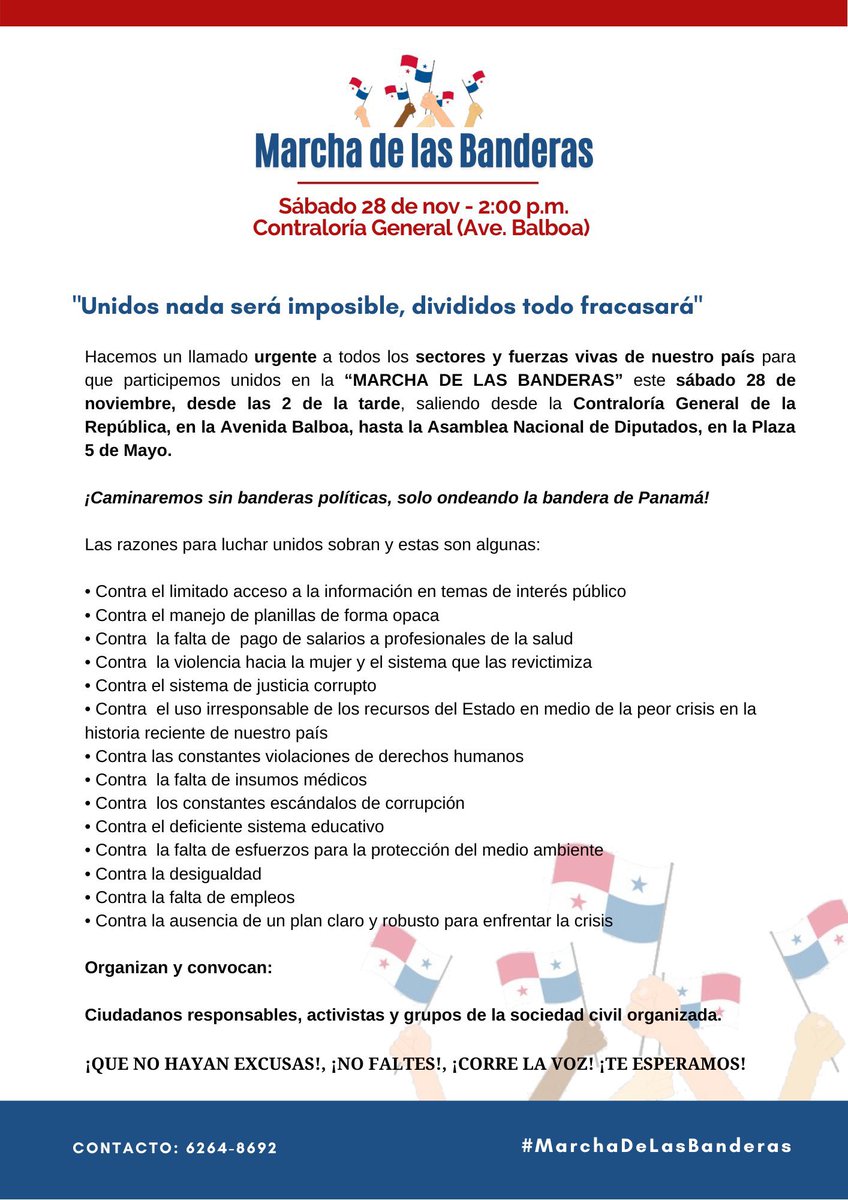 La corrupción y el despilfarro de los recursos es algo que nos afecta a todos 

Vecinos de Bella Vista, y otros barrios, participemos por Panamá. Vamos a cerrar el mes de la patria como se debe. 

Sábado 28 de noviembre,2pm en la Contraloria #MarchaDeLasBanderas