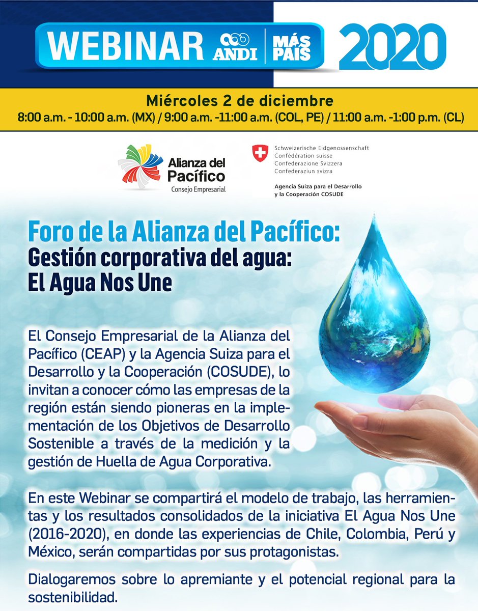 SuizaColombia's tweet photo. 2 diciembre, 9-11am, Foro virtual sobre gestión corporativa del agua: #ElAguaNosUne. @A_delPacifico y 🇲🇽 🇨🇴  🇨🇱 🇵🇪 y 🇨🇭  presentan modelo de trabajo y resultados de 65 empresas.

https://t.co/uTUOVGJHzK https://t.co/indH6av9OQ