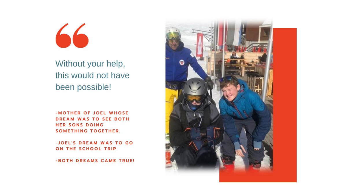 ski_2_freedom's tweet photo. 👉 “Joel had been so wanting to go on the School annual ski trip with his brother but this had never been done before.  After contacting Catherine of S2F, she was so reassuring &amp;, as determined as Joel &amp; myself, to help make this dream come true."
🎿 Where do you dream of skiing? https://t.co/GQ9zsK8S2G