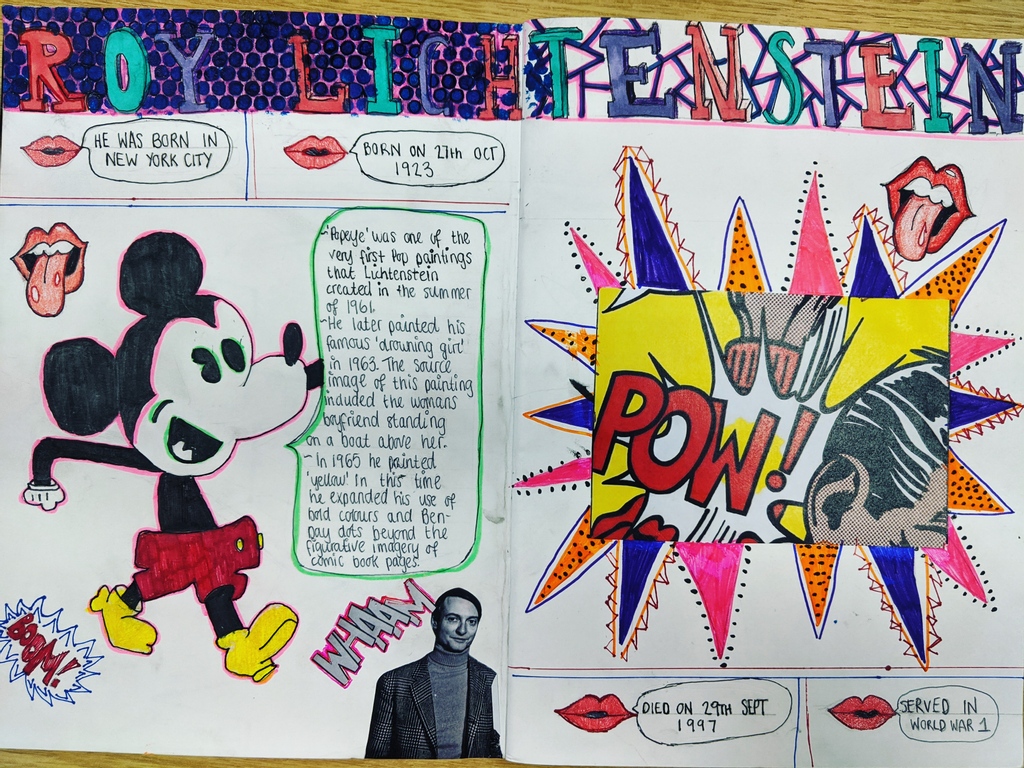 AdcoteSchool's tweet photo. Congratulations Darci in Year 9, Adcote's Artist of the week!
Learning about layout and contextual studies, Darci created a bold pop art research page using techniques by Roy Lichtenstein.
#Adcoteschool #AdcoteArt #popart #exploringartists #achievement #CLEARlearning https://t.co/Uff5ZGAWlI