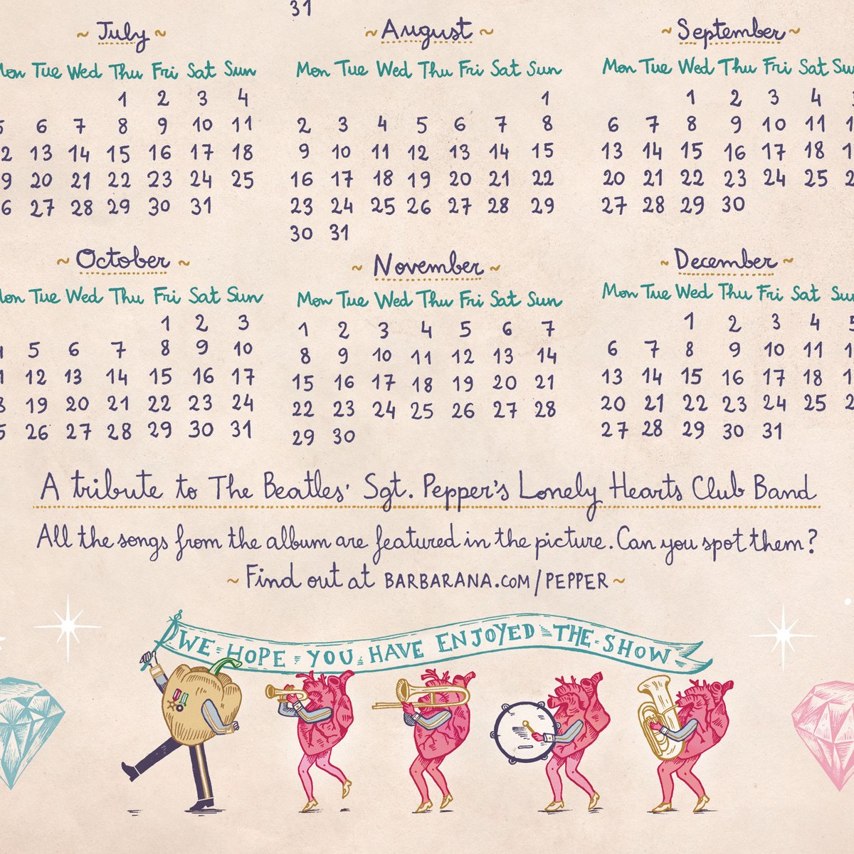 New 2021 Calendar! ✨
A tribute to #TheBeatles’ #SgtPeppersLonelyHeartsClubBand, featuring all the songs from the album. Lose yourself in Lucy’s kaleidoscope eyes and dive into a *hopefully* colourful and psychedelic new year.
Now available for pre-order - barbarana.com/SHOP/sgtpepper…