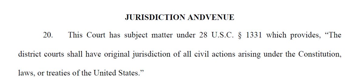 Moving on, we reach the "Jurisdiction Andvenue" section of the complaint. Claiming federal question jurisdiction, which isn't a surprise.