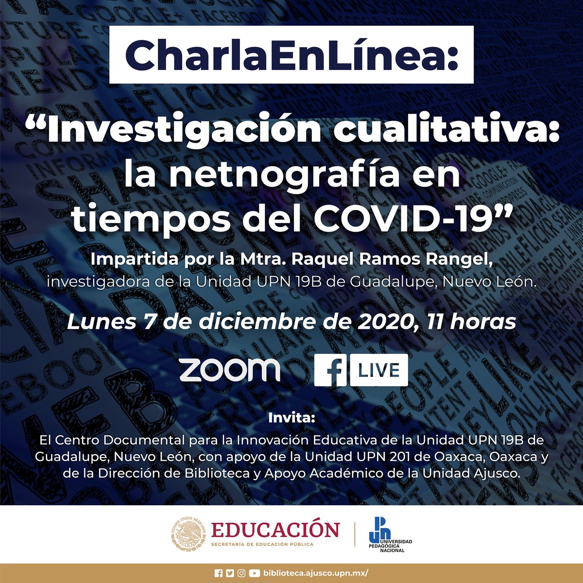 bibliogtq's tweet photo. Acompáñanos a la #CharlaEnLínea “Investigación cualitativa: la netnografía en tiempos del COVID-19" impartida por la Mtra. Raquel Ramos Rangel, investigadora de la Unidad UPN 19B.

Inscríbete a través https://t.co/a2Z7QAPuZC

¡No faltes!

#Netnografía #BiblioGTQ #UPNmx https://t.co/MdmXp735Dx