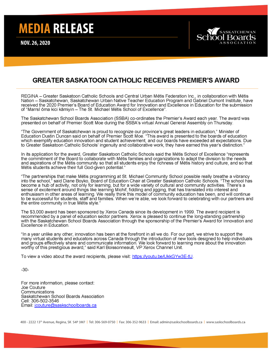 SaskSchoolBoard's tweet photo. News Release: Greater Saskatoon Catholic Receives Premier’s Award https://t.co/MyZAV437UL #sasked #SSBA2020 https://t.co/4dkyLoZEuG