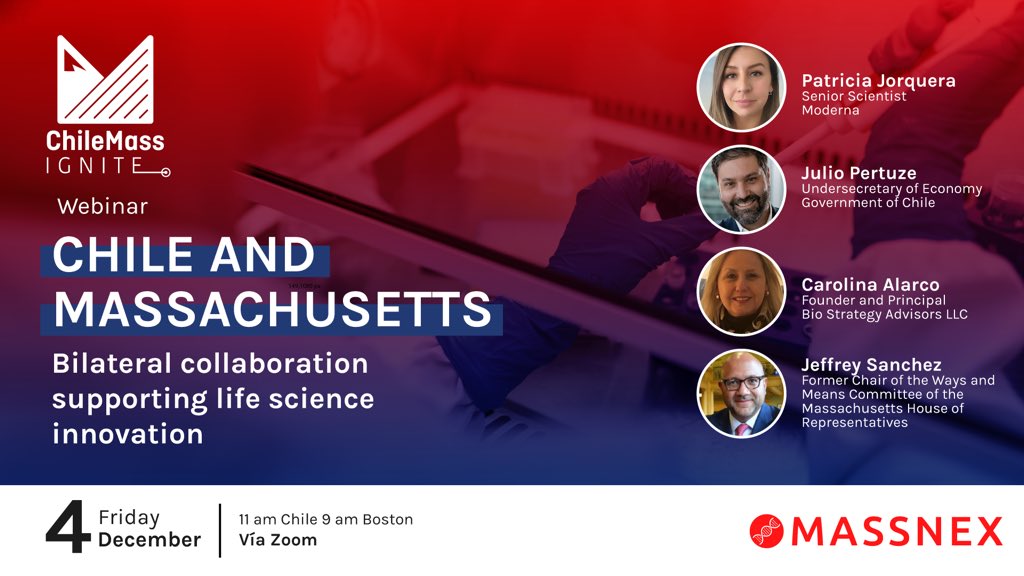 ChileMass's tweet photo. Don't miss our webinar "Bilateral collaboration supporting life science innovation"!

The #ChileMassIgnite activity, which we develop together with @MassnexGlobal, will be this December 4 at 11:00 am in Chile and at 9:00 am in Boston.

Sign up, here. 👉 https://t.co/hwHi60yhmf https://t.co/q7aT6paOod