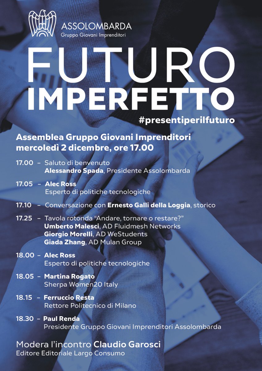 Ci siamo! Ecco svelato il programma completo dell'Assemblea del prossimo 2 Dicembre.
Non ti sei ancora iscritto? Fallo subito a questo link: assolombarda.it/gruppo-giovani….

SAVE THE DATE: mercoledì 2 dicembre, ore 17:00. #presentiperilfuturo