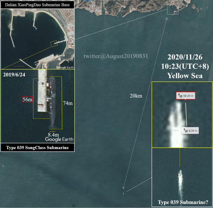 August20190831's tweet photo. Possible a #Type039 #SongClass Submarine was spotted in the #YellowSea about 20km South South-West of XiaoPingDao(小平島) Submarine Base of Dalian, maybe returning to her home port. 
Image:© Planet Labs / © Google Earth https://t.co/i4FE2oHyjx