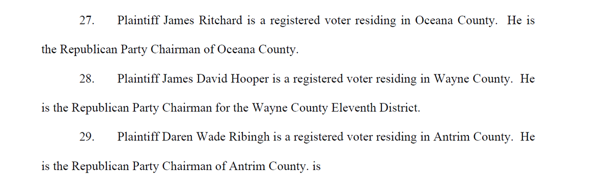 The other plaintiffs are voters and "Republican Party Chairman" for their counties, but they don't seem to be suing on behalf of the party. Standing is very questionable just on the injury prong.