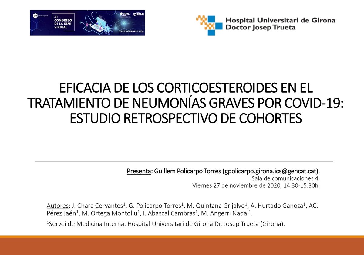 guipoto's tweet photo. Demà tindré el gust de comunicar a la #41SEMI este treball sobre #corticoteràpia en la #COVID19 que m'ompli d'orgull, tant pels resultats com x les pacients i l'esforç (les dades es van recollir en plena primera onada) de moltes companyes de #MedicinaInterna @htrueta. Ens veiem! https://t.co/S5oSTNOWvb