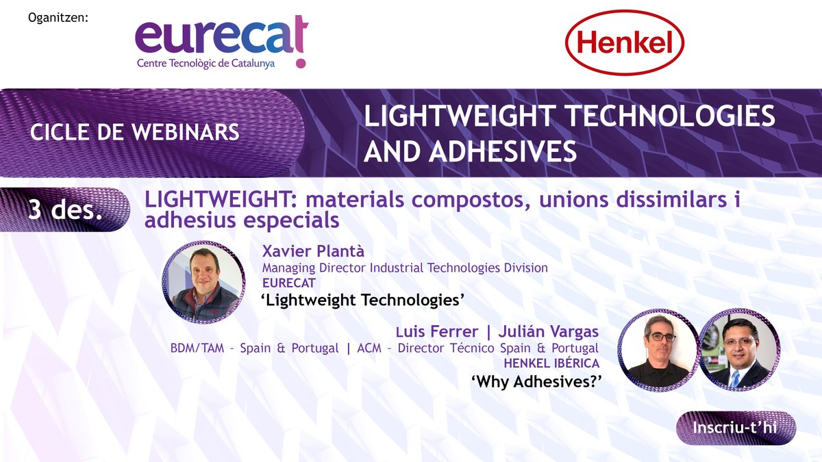 Eurecat_news's tweet photo. Coneix com els materials lightweight permeten reduir el pes i disminuir costos, millorant disseny i funcionalitat per als materials esportius🏓 Sèrie de 3 webinars sobre #LightweightTechnologies and #Adhesives
🗓️ 3 Des 1r webinar https://t.co/YbwJp6inVJ @henkeliberica @loctite https://t.co/KcnafXrGOf