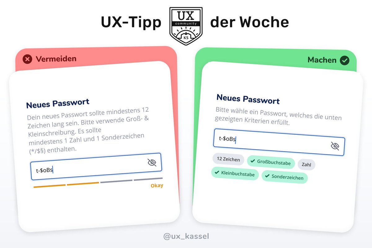 Ein sicheres Passwort zu wählen, kann manchmal gar nicht so einfach sein. Deswegen sollte man es dem Nutzer nicht unnötig schwer machen.
Wie das gelingen kann, seht ihr in unserem aktuellen #UXTipp: