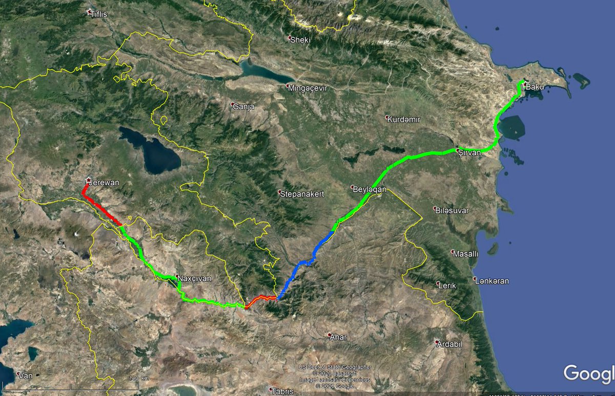 Nowadays it's split up in several sections: Azerbaijan Azerbaijan, but untill recently under Armenian power Armenia Azerbaijan, Nakhchivan exclave ArmeniaOf course the borders between regions controlled by / are mined no-go areas and no train runs since years.