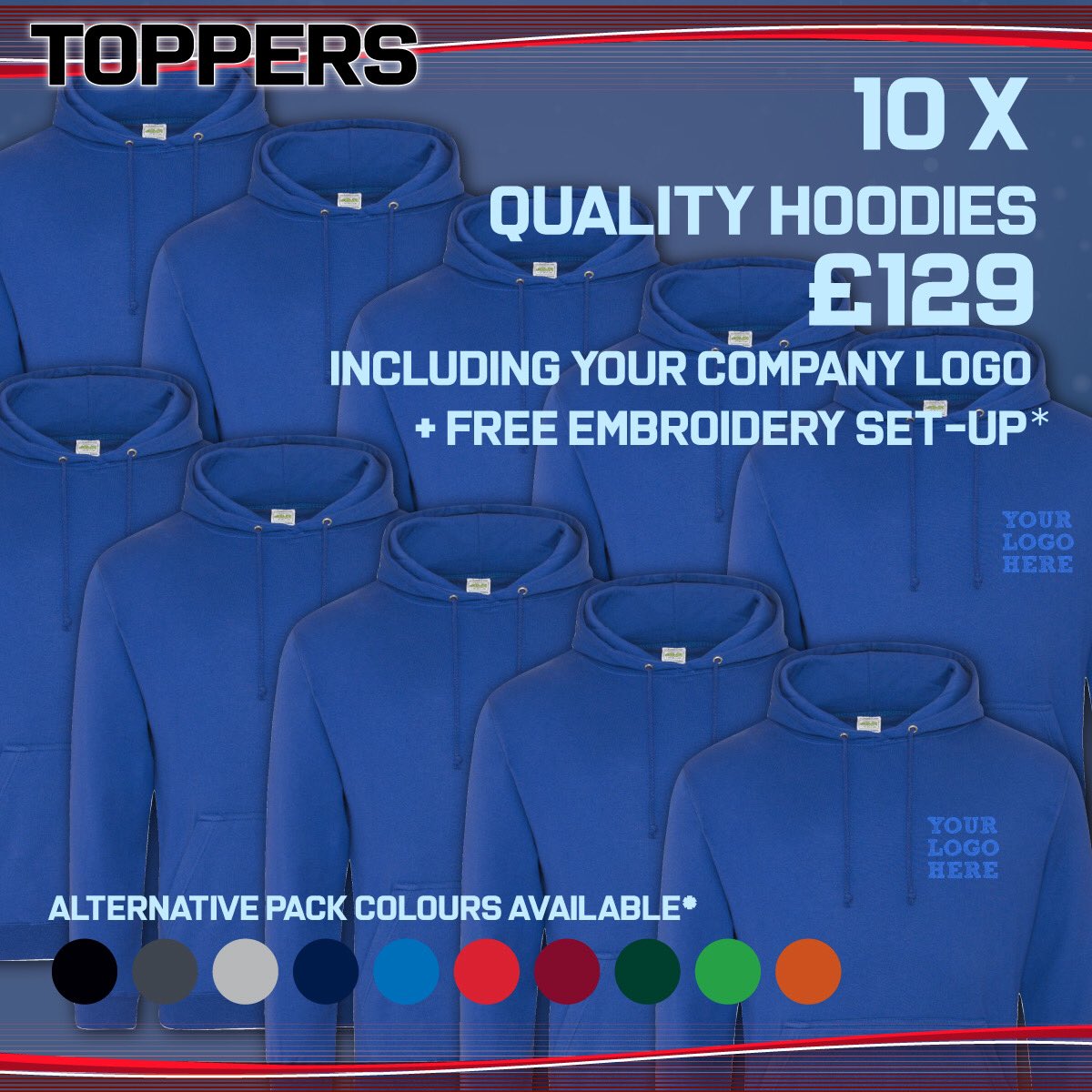 SPECIAL OFFER! Get it while it lasts! 

10 Hoodies for £129 including VAT and company logo. 

To order DM us,
📧 sales@topperswales.com 
📞01554 777501