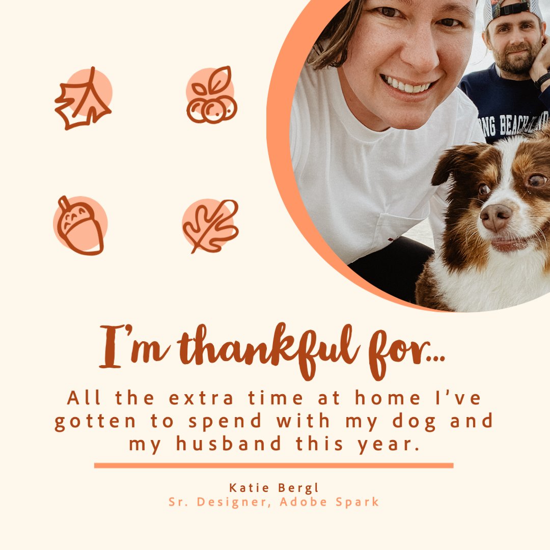 AdobeExpress's tweet image. This season of giving thanks seemed like the perfect time to introduce you to a few more members of the #SparkFamily. 

2020 has been a challenging year for so many of us, but in spite of it all we’ve found that there is still so much to be thankful for. (Cont. ➡️)
