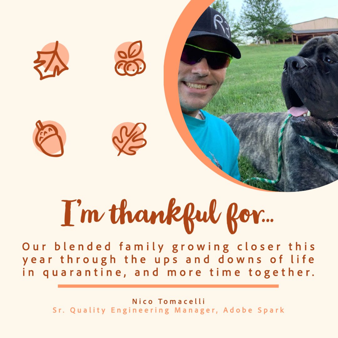AdobeExpress's tweet image. This season of giving thanks seemed like the perfect time to introduce you to a few more members of the #SparkFamily. 

2020 has been a challenging year for so many of us, but in spite of it all we’ve found that there is still so much to be thankful for. (Cont. ➡️)