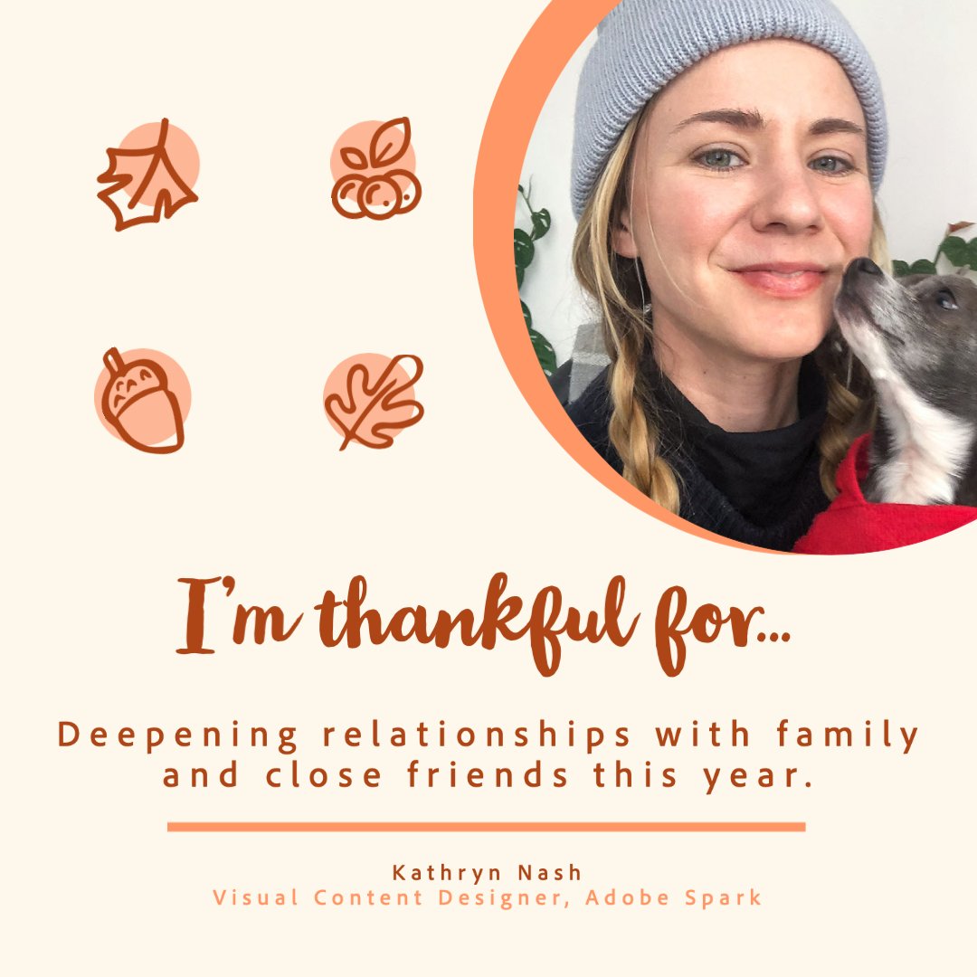 AdobeExpress's tweet image. This season of giving thanks seemed like the perfect time to introduce you to a few more members of the #SparkFamily. 

2020 has been a challenging year for so many of us, but in spite of it all we’ve found that there is still so much to be thankful for. (Cont. ➡️)