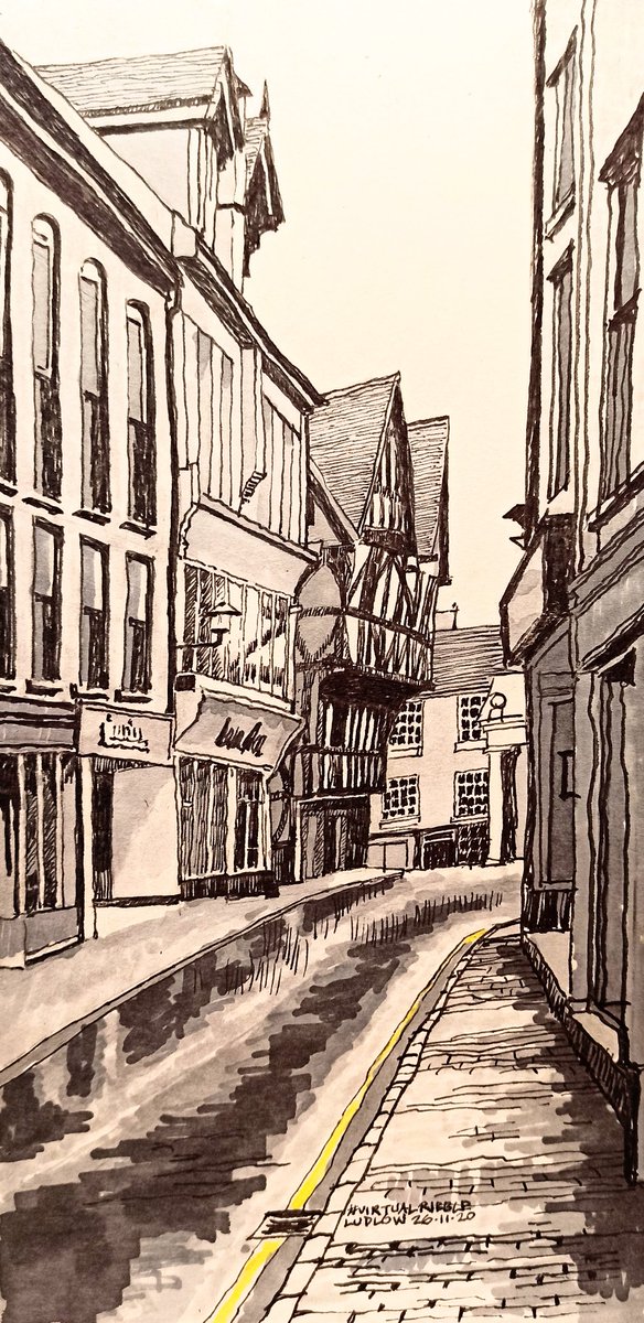 jshakart's tweet photo. #VirtualRibble One of Ludlow's narrow streets, from today's virtual visit. #sketchbook 5.5x11 inches. #fude #pen #alcohol #markers https://t.co/kaMh9eEPAx
