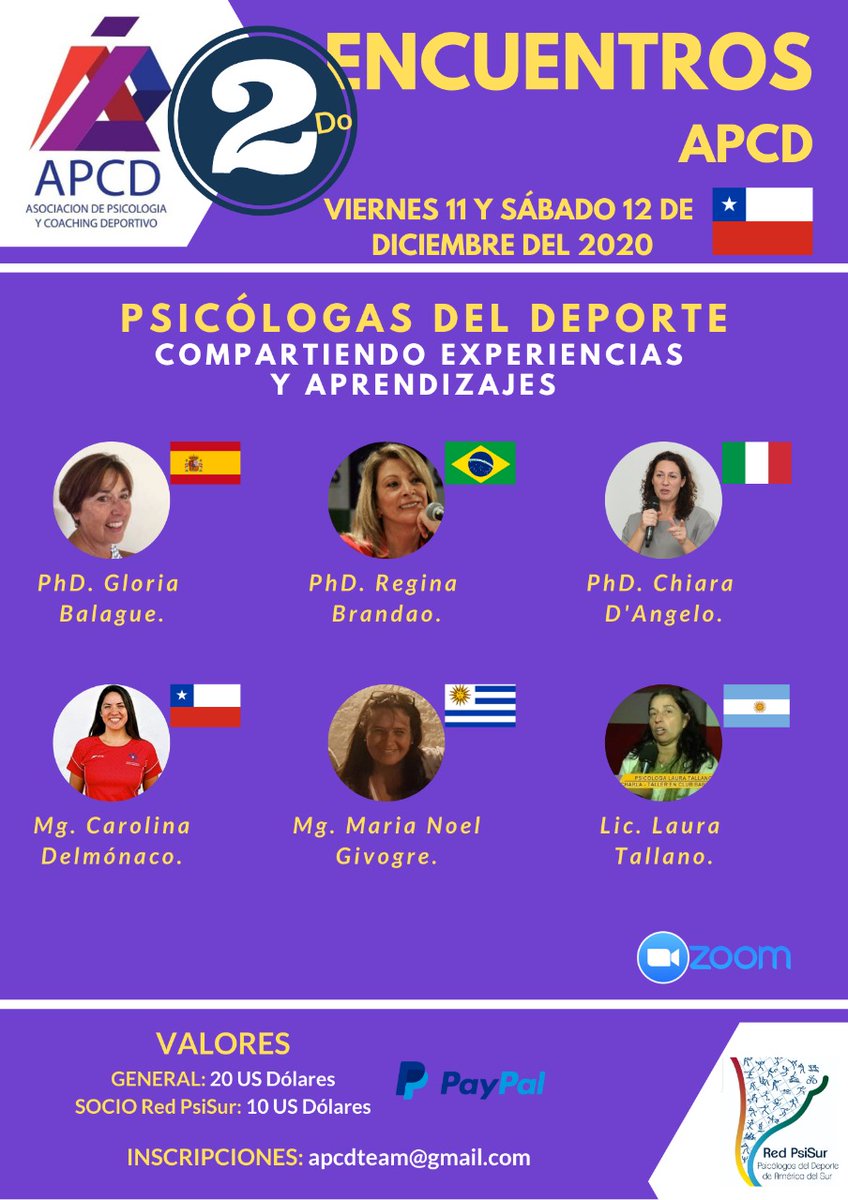 APCDChile's tweet photo. El próximo 11 y 12 de diciembre, tendrá lugar el 2do Encuentro APCD con destacadas psicólogas del deporte 🎉🎉🙌🤩 quienes nos compartirán sus experiencias y aprendizajes.
Inscripciones en 📩➡️ apcdteam@gmail.com
No faltes! ✌️ https://t.co/I3Cf4roHUP