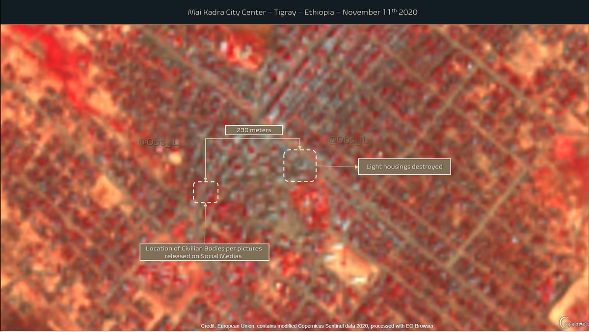 TheIntelLab's tweet photo. #MaiKadra - Satellite Imagery 13th 2020 show light housings destroyed 230 meters from where civilian bodies were documented following November 9th massacre per @amnesty . Soil change detection between November 5th and 10th gave a hint. #Ethiopia #Tigray #IMINT https://t.co/GjQ3vSfhaI