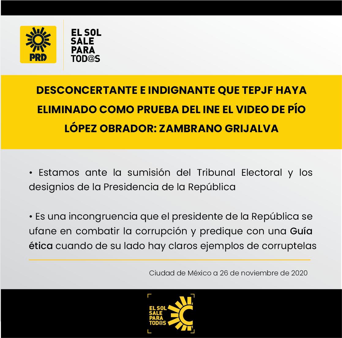 PRDMexico's tweet photo. Desconcertante e indignante que @TEPJF_informa haya eliminado como prueba del INE el video de Pío López Obrador: @Jesus_ZambranoG 

Comunicado 📃🔆➡️ https://t.co/A47KMwxLDg https://t.co/Dc0G5pbN3z