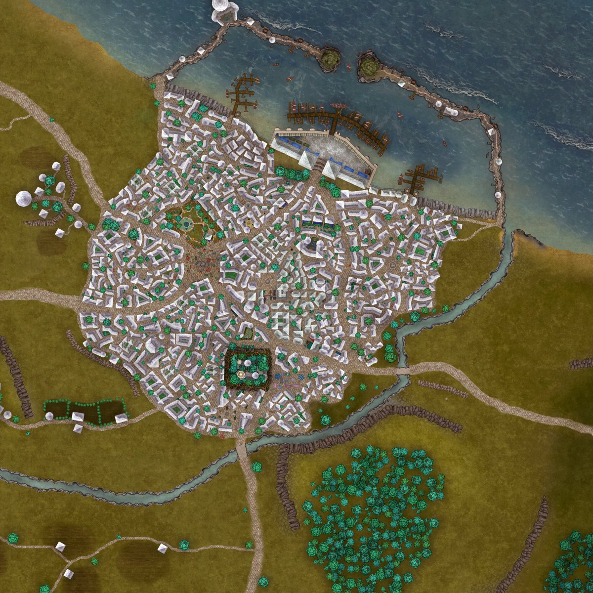 Large <a href="/inkarnaterpg/">Inkarnate</a> City map. Depicting an elven harbor city with loads of white stone buildings and interwoven vegetation. 

#DnD #dndart #dungeonsanddragons #worldbuilding #digitalart #Creative #art