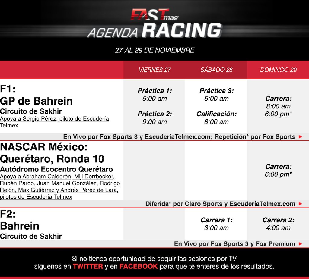 ¡La #AgendaRacing!
Sigue el #BahrainGP de #F1, el reinicio de la @FIA_F2 en Sakhir y la @NASCARPEAKMX - @TrucksMx desde #Querétaro.
https://t.co/mzKVG8mitp https://t.co/x8c2r97Bwc