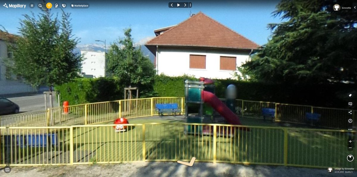 BinnetteBin's tweet image. November 25 #30daysofOSM: I planned to use Pic4Review to spot playgrounds without type (swing, slide, ...). I will post the link here when the challenge is created 👍 Here is one of my 360 #mapillary picture showing a playground. mapillary.com/map/im/2Gd4i61…