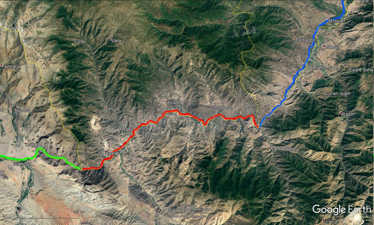 Further upstream the "blue" section through the devastated Azerbaijan territory (under  power untill recently) is followed by the "red" Armenian  section. In Soviet times it must have been a beautiful train journey along the river gorge next to the Iranian border 