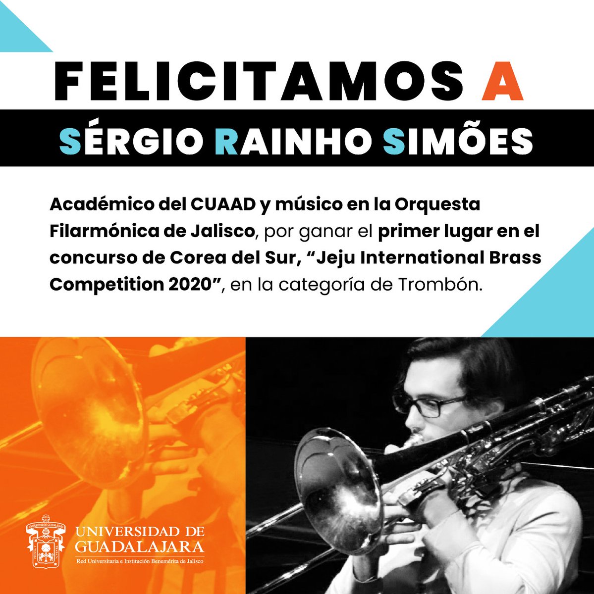 Felicitamos a nuestro #AcadémicoUdeG del Centro Universitario de Arte, Arquitectura y Diseño, Sérgio Rainha Simões, por este gran reconocimiento internacional. 🏆 🎵

¡Tu trombón y talento musical son un #OrgulloUdeG! 👏