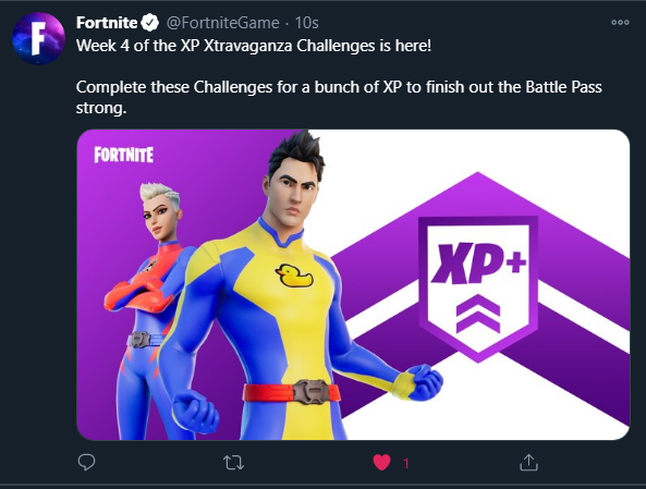 Fortnite On Twitter Week 4 Of The Xp Xtravaganza Challenges Is Here Complete These Challenges For A Bunch Of Xp To Finish Out The Battle Pass Strong Https T Co Rudf9jgtax Fortnite Weekly Challenge Card Twitter Fortnite Weekly Challenge Card Twitter Fortnite On Twitter Week 4 Of The Xp Xtravaganza Challenges Is Here Complete These Challenges For A Bunch Of Xp To Finish Out The Battle Pass Strong Https T Co Rudf9jgtax