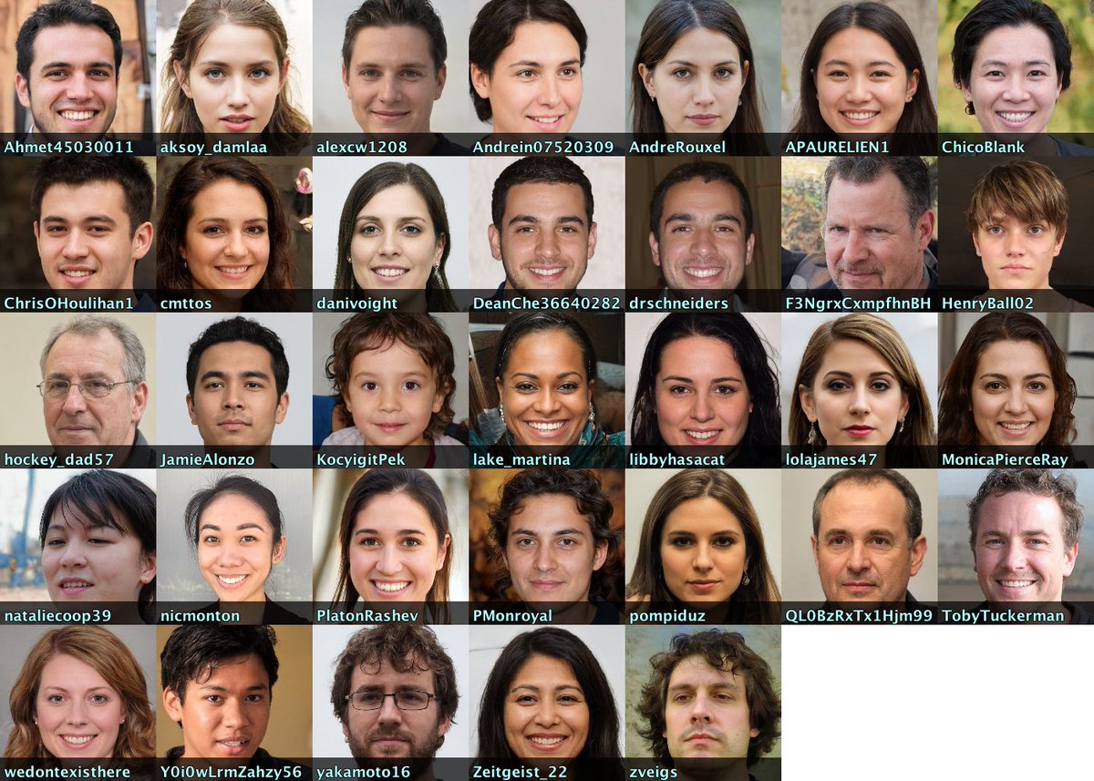 We generated 500 face pics using thispersondoesnotexist(dot)com, reverse searched them using Yandex, and filtered the results to Twitter profile pics, yielding 35 accounts (plus a few suspended ones). As usual, the major facial features are in the same place on each image.