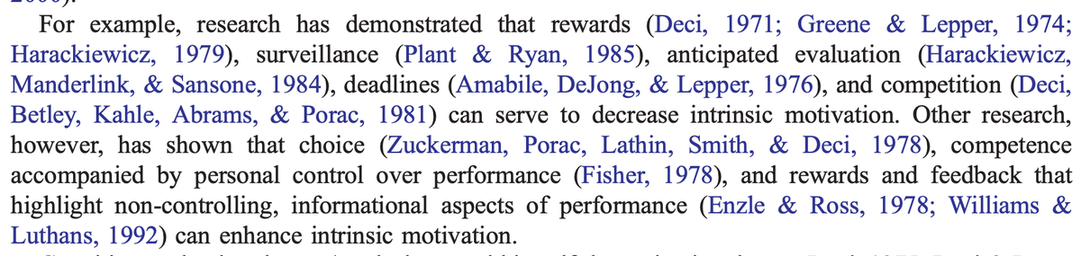 Causes of low-motivation despite external pressure:
Rewards, surveillance, anticipated evaluation, deadlines, and competition.

Causes of motivation for no apparent reason:
Choice, competence &amp; control over performance, non-controlling &amp; informative feedback

Ilies et al 2005