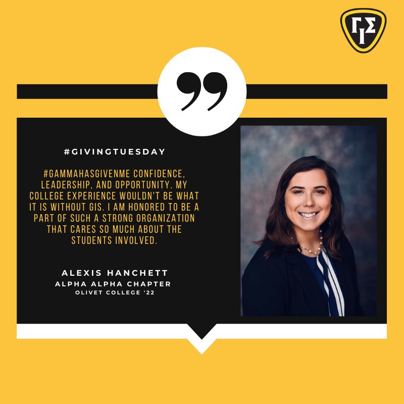 GammaIotaSigma's tweet photo. "#GammaHasGivenMe confidence, leadership, and opportunity." - Alexis Hanchett, @GISAlphaAlpha at @olivetcollege, shares the impact GIS has made on her college experience. #GivingTuesday
#GivetoGamma to #SupportStudents like Alexis: https://t.co/zmzFFOwZwI https://t.co/s8MI0Na3Ri