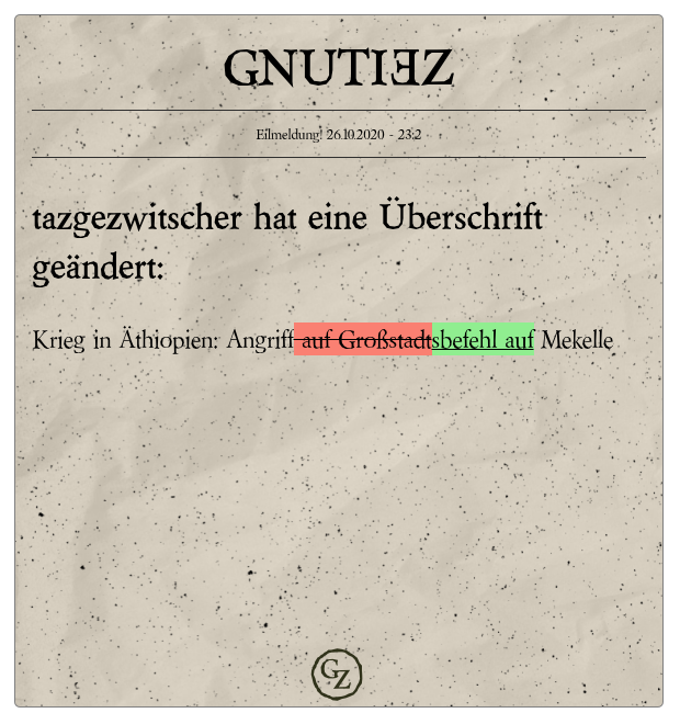 https://t.co/IgOBhsATe7
tazgezwitscher hat eine Headline geändert.
Krieg in Äthiopien: Angriffsbefehl auf Mekelle
Distanz: 17
Alle Änderungen auf https://t.co/f09c6MY4Nw https://t.co/eFkOPetsQz