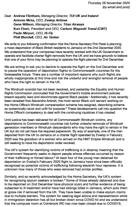 DetentionAction's tweet image. BREAKING - 90 high profile public figures warn of systemic racism @ukhomeoffice &amp;amp; oppose pre-Christmas mass deportation of Black British residents to Jamaica  

They urge companies to decline involvement:
@TUIUK @hifly_airline @my_CWT @evelopair @AirTanker TITAN Airways #Windrush