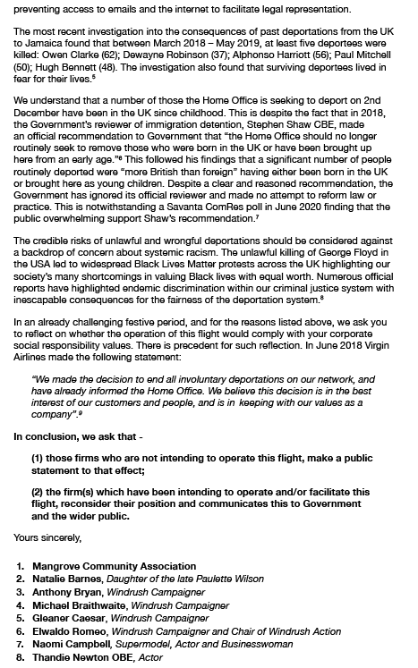 DetentionAction's tweet image. BREAKING - 90 high profile public figures warn of systemic racism @ukhomeoffice &amp;amp; oppose pre-Christmas mass deportation of Black British residents to Jamaica  

They urge companies to decline involvement:
@TUIUK @hifly_airline @my_CWT @evelopair @AirTanker TITAN Airways #Windrush
